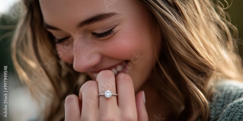 Close-up pictures showing off a happy woman flashing her engagement ring. The brilliant diamond ring that is resting on her finger is the main attraction.