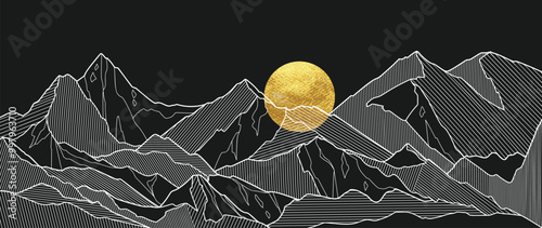 Black and white mountain line arts and gold moon wallpaper, luxury landscape background design for cover, invitation background, packaging design, fabric, and print. Vector illustration.