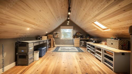 A smart attic conversion with climate control and humidity sensors to protect stored items, and a fold-down workspace for hobbies