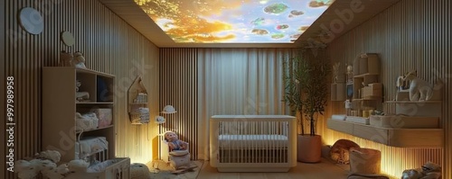 A smart nursery with climate control that adjusts based on the baby's comfort, soundproof walls for undisturbed sleep, and a ceiling projector displaying calming visuals