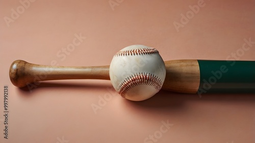 Clean close up of wooden bat and baseball on soft colored backdrop