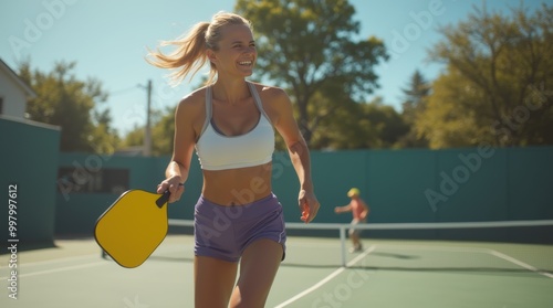 A woman enjoys a sunny day playing pickleball at an outdoor court while smiling and staying active with friends nearby