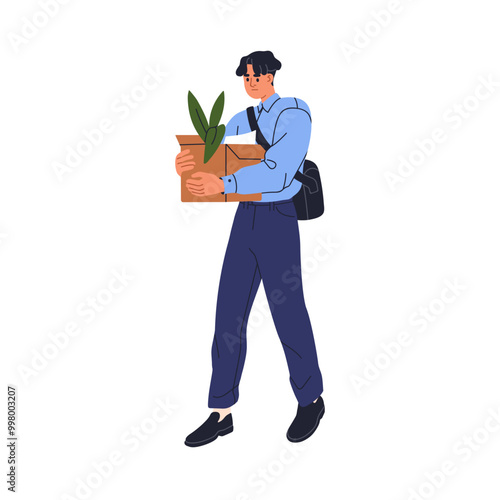 Fired office worker quitting, leaving work after layoff, job loss, dismissal. Unemployed person carrying cardboard box. Sad man, unemployment. Flat vector illustration isolated on white background