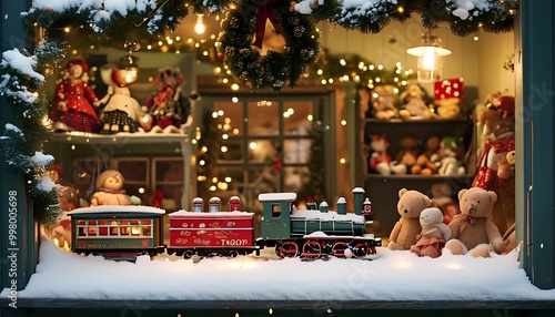 backdrop of an old-fashioned toy store window, filled with classic holiday toys like trains, dolls, and teddy bears. Include snow-covered windowsills, garlands