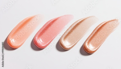 Close-up of frosted lip gloss swatches in soft pink and metallic beige, capturing the iconic 90s glossy lip look.