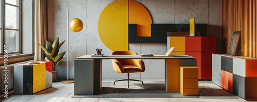 Home office with a minimalist Bauhaus theme, featuring geometric furniture, primary color accents, and functional design elements Artistic and streamlined