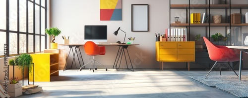 Home office with a minimalist Bauhaus theme, featuring geometric furniture, primary color accents, and functional design elements Artistic and streamlined