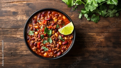 Fiery chili con carne with beans and ground beef, garnished with a lime wedge and fresh cilantro, served in a black bowl on a wooden table background spicy and vibrant 