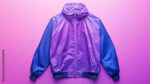 Purple windbreaker with sleek design and front zipper isolated on a soft lilac gradient background playful and trendy 