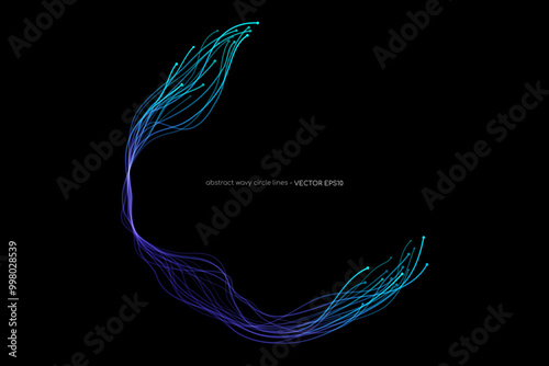 Abstract vector wavy dynamic blue light lines circle swirl round frame isolated on black background in concept technology, neural network, neurology, science, music.