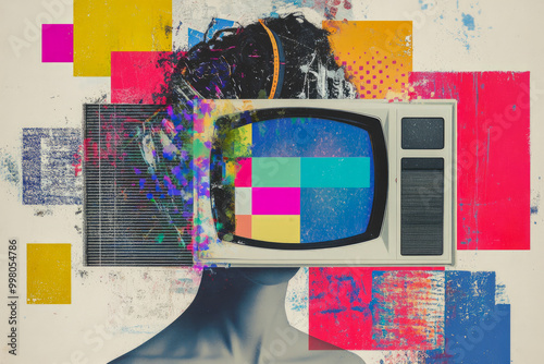 An artistic blend showing a person with a television for a head amidst a colorful abstract background, symbolizing media and identity fusion.