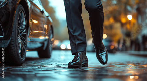 close up of man wearing black shoes stepping out from luxury car, business suit, blurry background, car on the left side of frame,