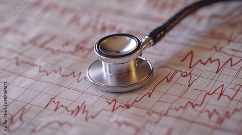 Stethoscope head on a cardiogram, representing arrhythmia and pacemaker concept.