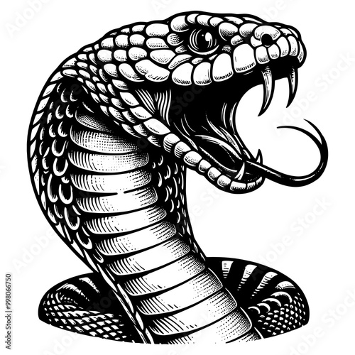 hissing cobra with fangs bared and tongue out. Tattoo design. Menacing posture sketch engraving generative ai PNG illustration. Scratch board imitation. Black and white image.