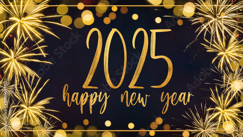 HAPPY NEW YEAR 2025 - Festive silvester New Year's Eve Sylvester Party background greeting card - Gold frame made of golden fireworks in the dark blue night