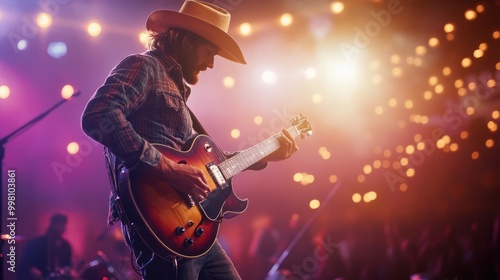 Country music festival with guitarist on stage wearing cowboy hat playing country western music