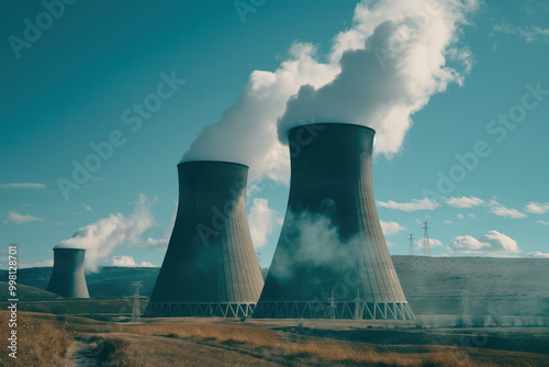 Nuclear power plant releasing steam from its large cooling towers on a sunny day