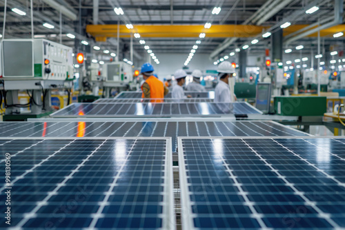 Solar panel manufacturing plant operating with engineers inspecting the production line of solar panels