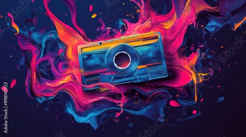 Creative colorful retro concept of melting cassette tape, symbols of celebration and music party. Contemporary art and old fashioned style. Illustration. Generative AI.