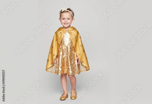 Sparkling Starlet A gold sequined dress with a star printed cape