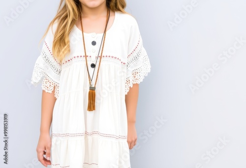 Girl in a boho peasant dress with fringe sandals and layered nec