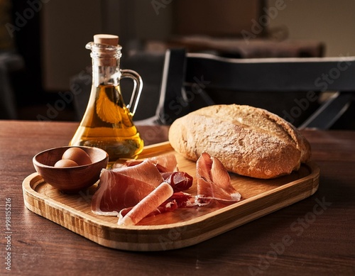 Desayuno nutritivo en una bandeja con aceite de oliva y pan