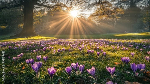 A carpet of crocuses stretching across a grassy field, with rays of sunlight streaming through nearby trees. The light creates beautiful patterns on the ground.