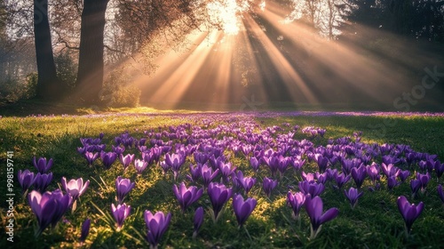 A carpet of crocuses stretching across a grassy field, with rays of sunlight streaming through nearby trees. The light creates beautiful patterns on the ground.