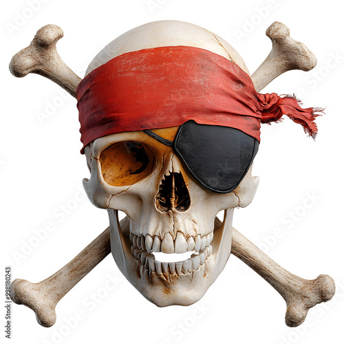 A skull with a pirate's eye patch and a red bandana. The skull is wearing a pirate's hat and has a pirate's eye patch, transparent background, Ai generative.