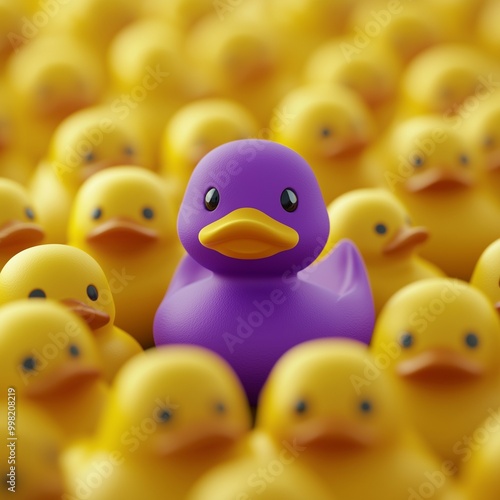 Unique purple toy duck among many yellow ones. standing out from crowd individuality and difference concept.