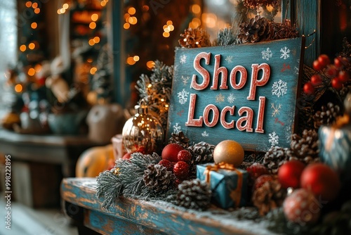 A rustic wooden sign with the words "Shop Local" surrounded by Christmas decorations, including pine branches, red ornaments, pine cones, and small gifts.