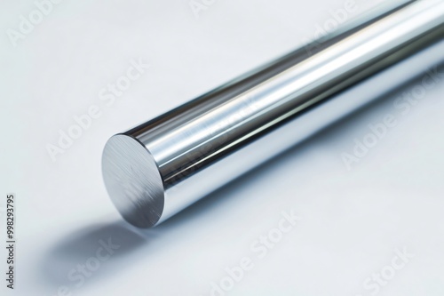 Shiny titanium rod on a white background with a striking shadow, showcasing strength and durability with a polished, corrosion resistant surface