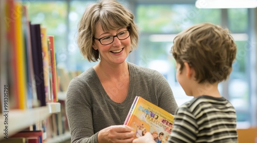 Smiling female librarian helping a child find a book, patient and knowledgeable. Libraries, educational programs, literacy campaigns.