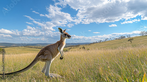 A jumping kangaroo on the background of an Australian landscape with grassy plains. A large grey kangaroo or a forest kangaroo.