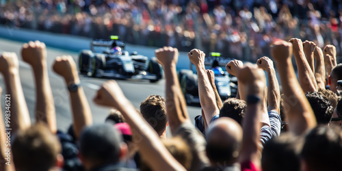 F1 fans cheering racers during Grand Prix victory celebration