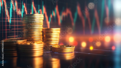 Gold coins glowing with projected stock graphs symbolizing the potential of stock trading