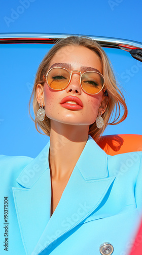 A stylish woman in orange sunglasses and a bright blue blazer against a clear sky. Fashion editorial showcasing bold colors and modern aesthetics.