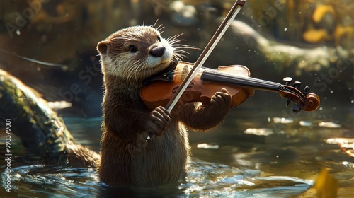 Playful Otter Pretends to Play Violin in Whimsical Wildlife Scene