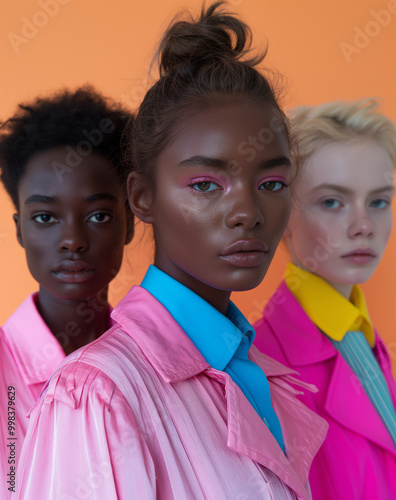 Three stylish models in coordinated pink suits with bold blue shirts, posing against a vibrant orange backdrop. Fashion portrait emphasizing diversity and bold color contrast.