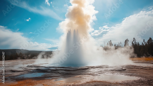 Geyser shooting boiling water and steam into air, surrounded by beautiful landscape. scene captures natural wonder and power of geothermal activity in stunning setting