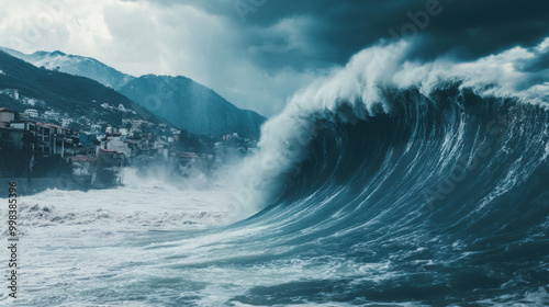 powerful tsunami wave surges towards shore, showcasing immense force of nature against dramatic backdrop of mountains and coastal town. scene evokes sense of awe and urgency