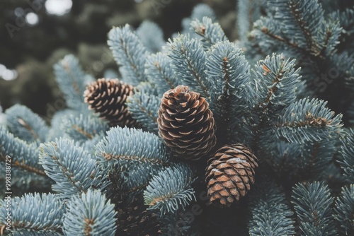 Close-up of pine cones nestled blue spruce branches