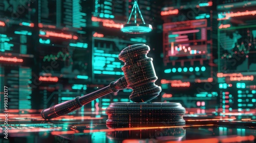 A gavel set against a backdrop of glowing digital screens showing various aspects of cyber law, including privacy policies and cybercrime legislation.