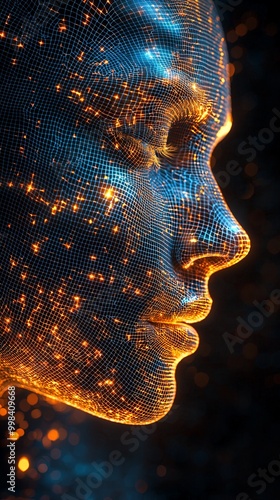 Side profile of a luminous face with golden light accents and intricate network patterns, representing the intersection of human emotions and digital connectivity in a dark setting.