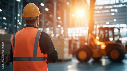 Expertise in Motion: A Logistics Worker Observes Cargo Operations in a Bustling Warehouse Setting