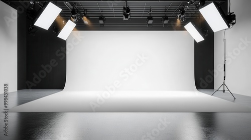 minimalist studio setup with a smooth grey floor seamlessly transitioning into a white cyc wall dramatically lit by overhead spotlights creating a subtle gradient effect