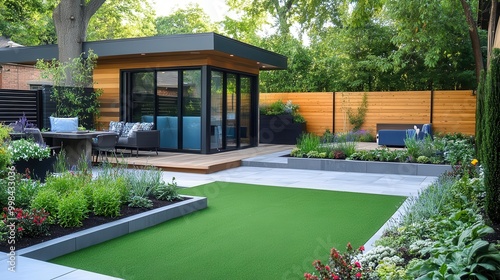 modern backyard oasis with sleek artificial turf charcoal gray patio tiles lush raised flower beds contemporary fencing and a chic blueaccented garden studio