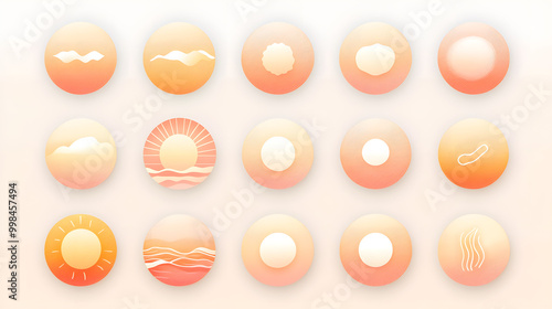 Minimal pastel sun set of icons with rounded rays and soft orange pastel color on a light background