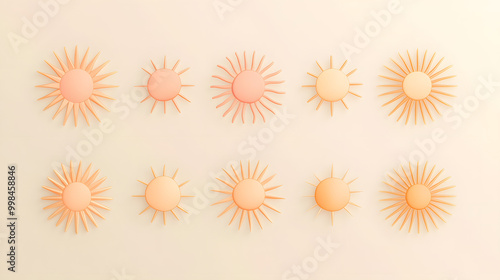 Minimal pastel sun set of icons with rounded rays and soft orange pastel color on a light background