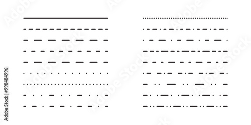 Dotted or dashed straight thin lines collection set. Element simple divider. Vector graphic in flat style